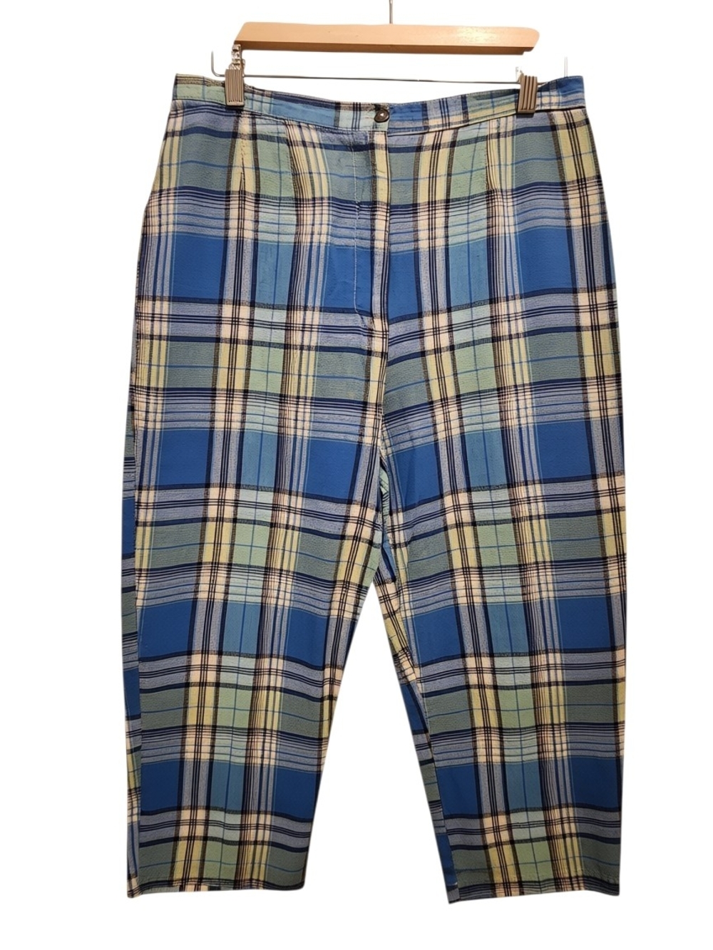 Linen Plaid Cropped Capris in Blue and Cream. Size 14